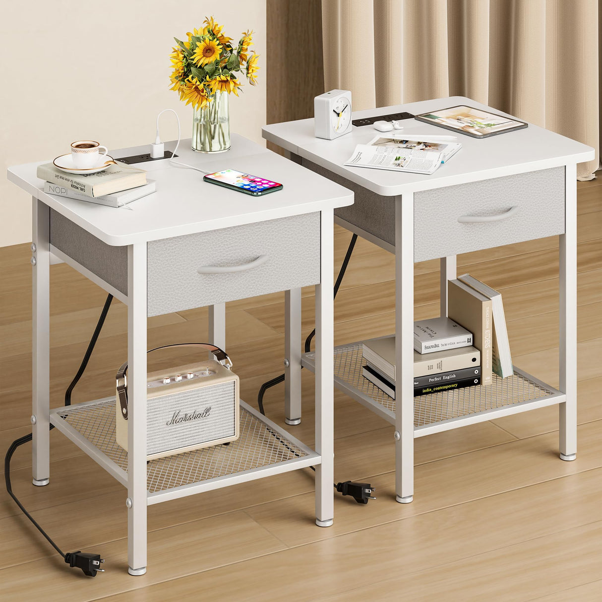 Nightstands Set of 2 with Charging Station and Fabric Storage Drawer,16.5" x 15.8" Side