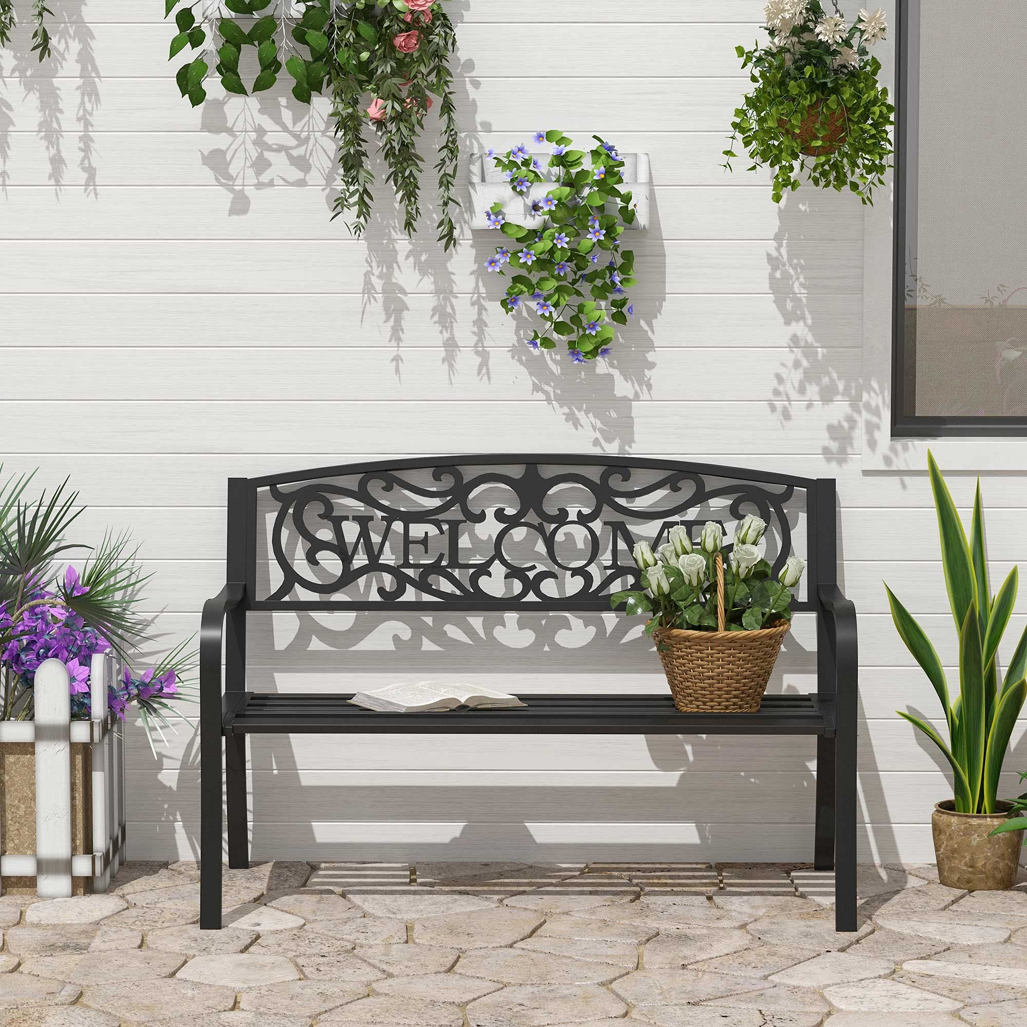 50" Outdoor Metal Welcome Bench, Garden Bench with Slatted Seat, Patio Bench for Park