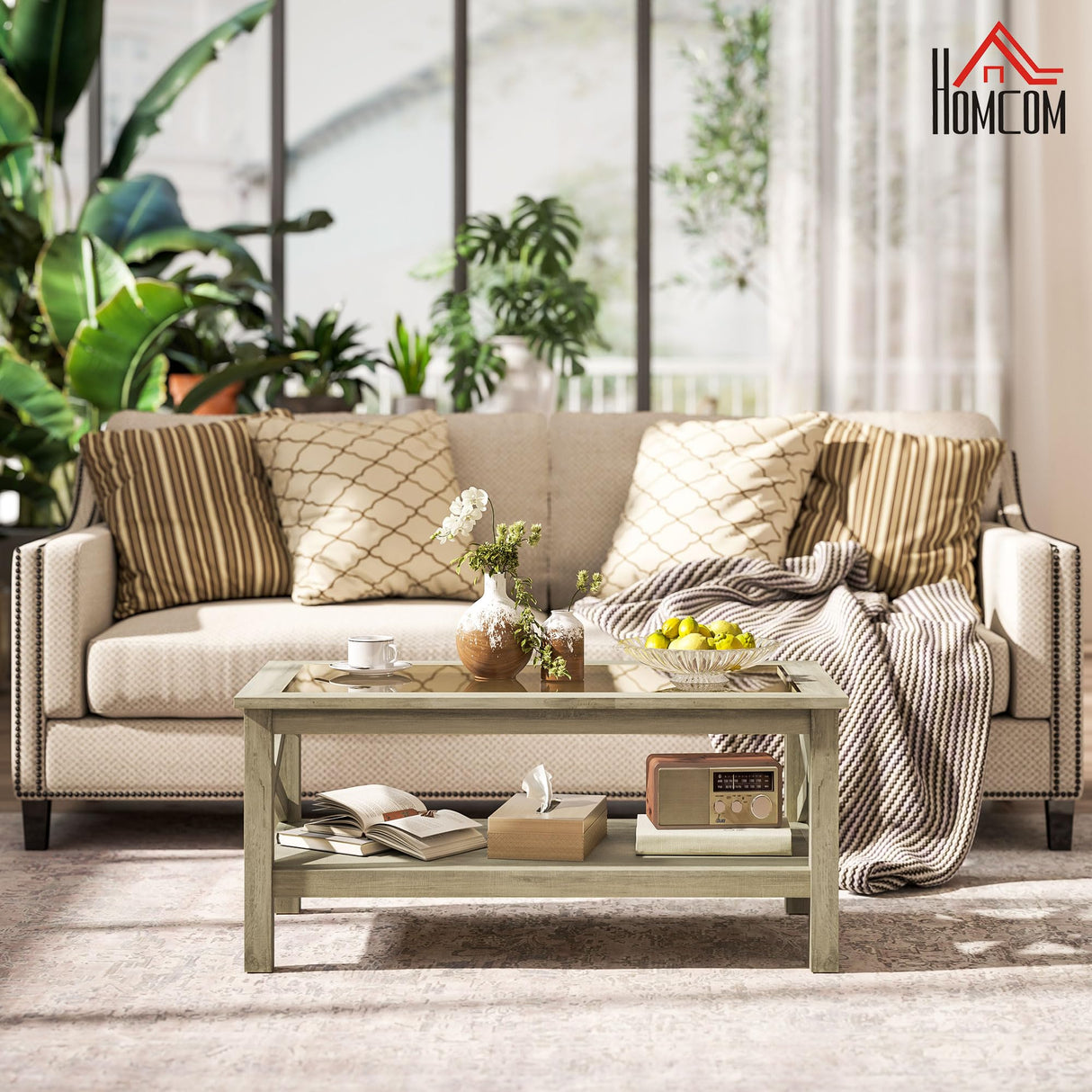 Glass Coffee Table, Modern Farmhouse Center Table with Storage, Side Table