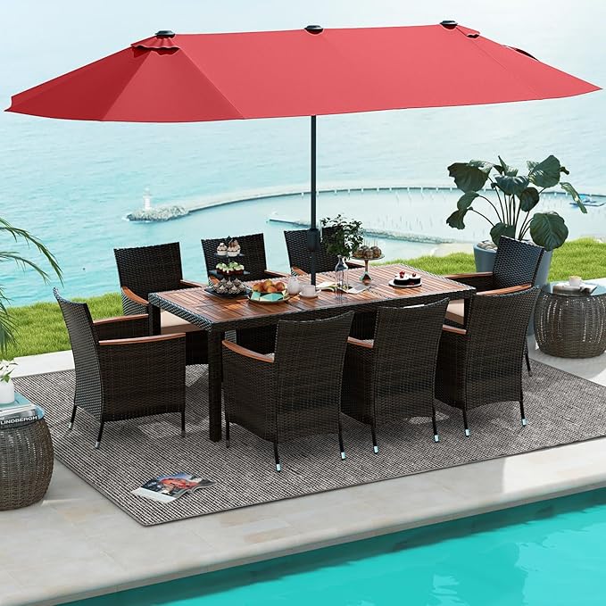 10 Piece Patio Rattan Dining Set with 15Ft Double-Sided Umbrella