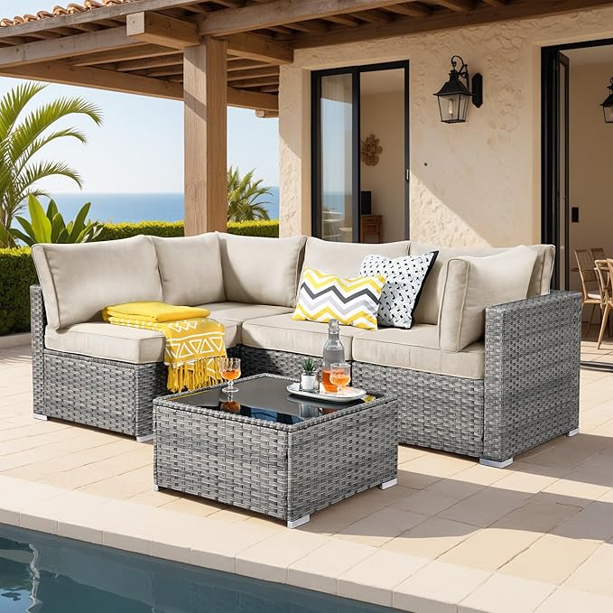 5 Pieces Patio Furniture Sets,Wicker Outdoor Sectional Sofa