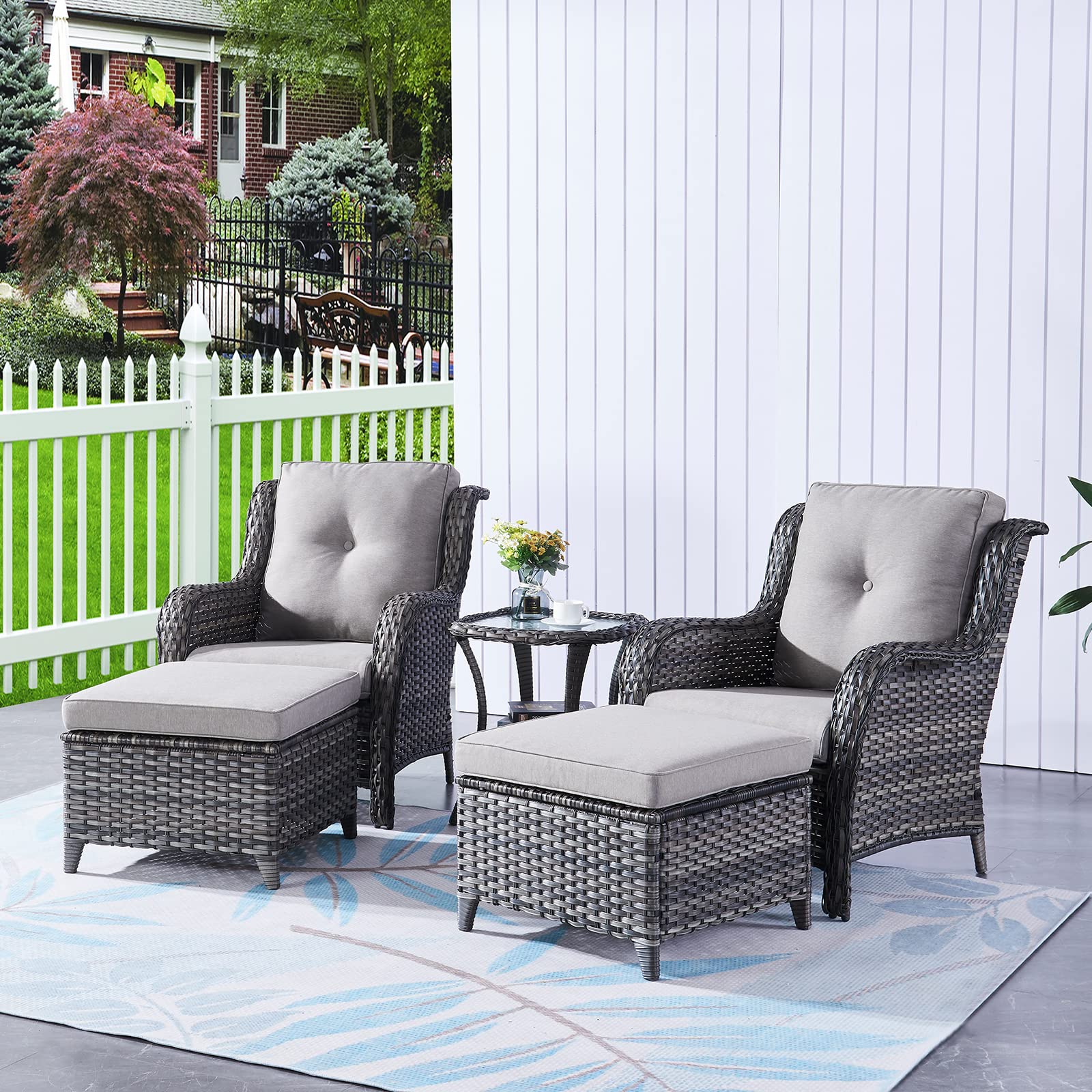 Outdoor Ottomans for Patio Set of 2 PE Wicker Steel Frame Outdoor Footstool for Patio