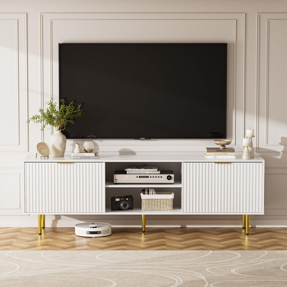 TV Stand for 75 Inch TV, Fluted TV Stands with Sliding Doors