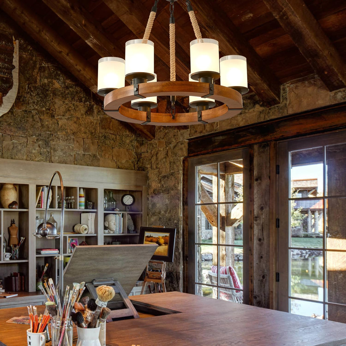 Farmhouse Wood Wagon Wheel Chandelier,6-Light Rustic Pendant Light with Glass Shades