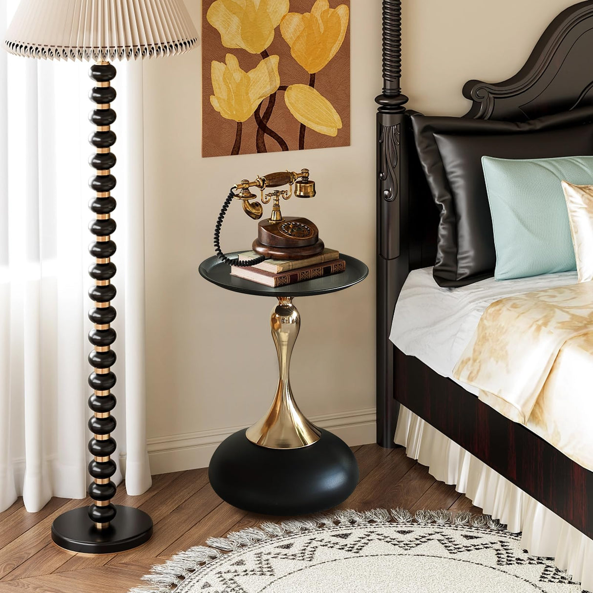 Small End Table Round Side Table, Black Modern Metal Pedestal Table