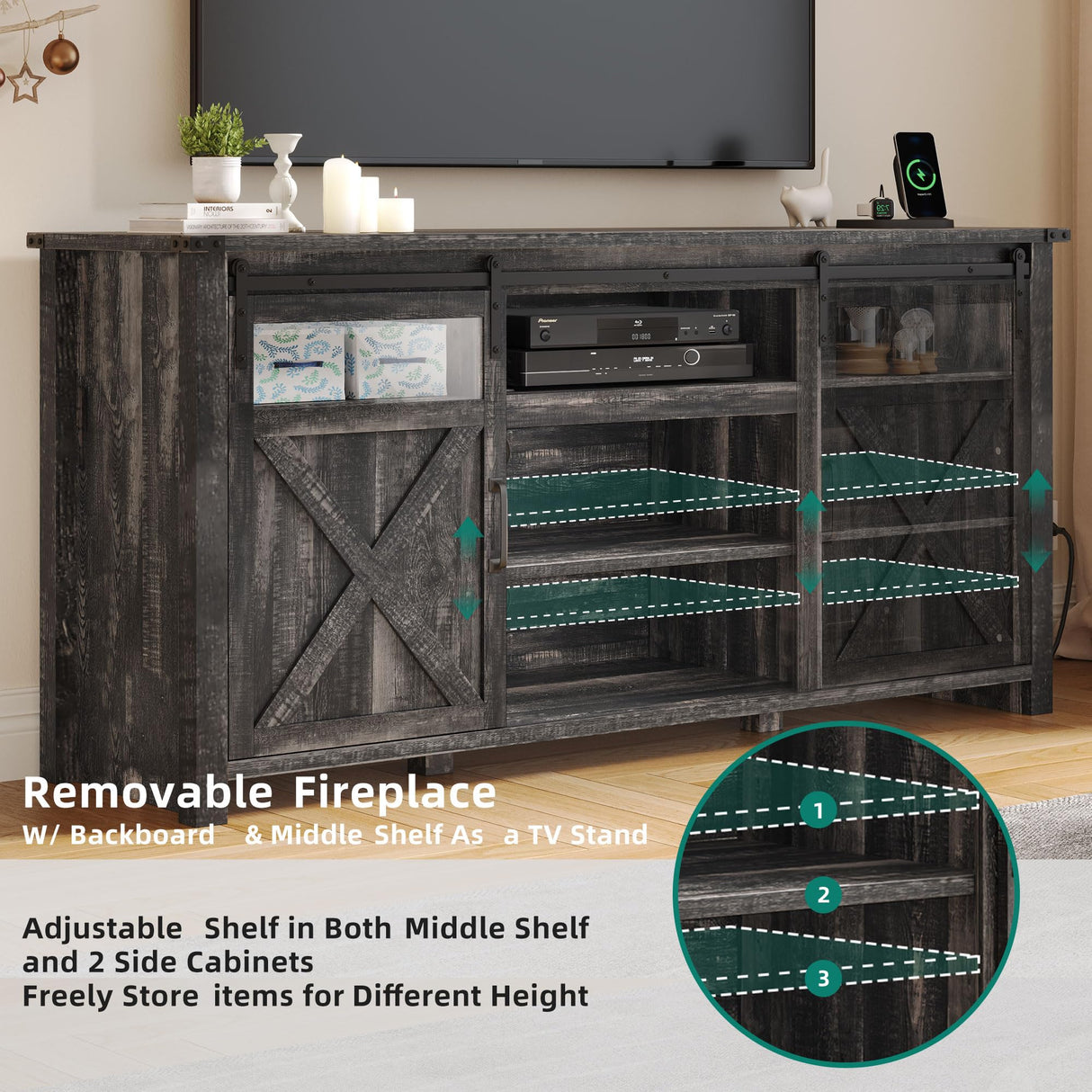 Farmhouse TV Stand for up to 75 Inch TV, Entertainment Center with Storage Cabinet,