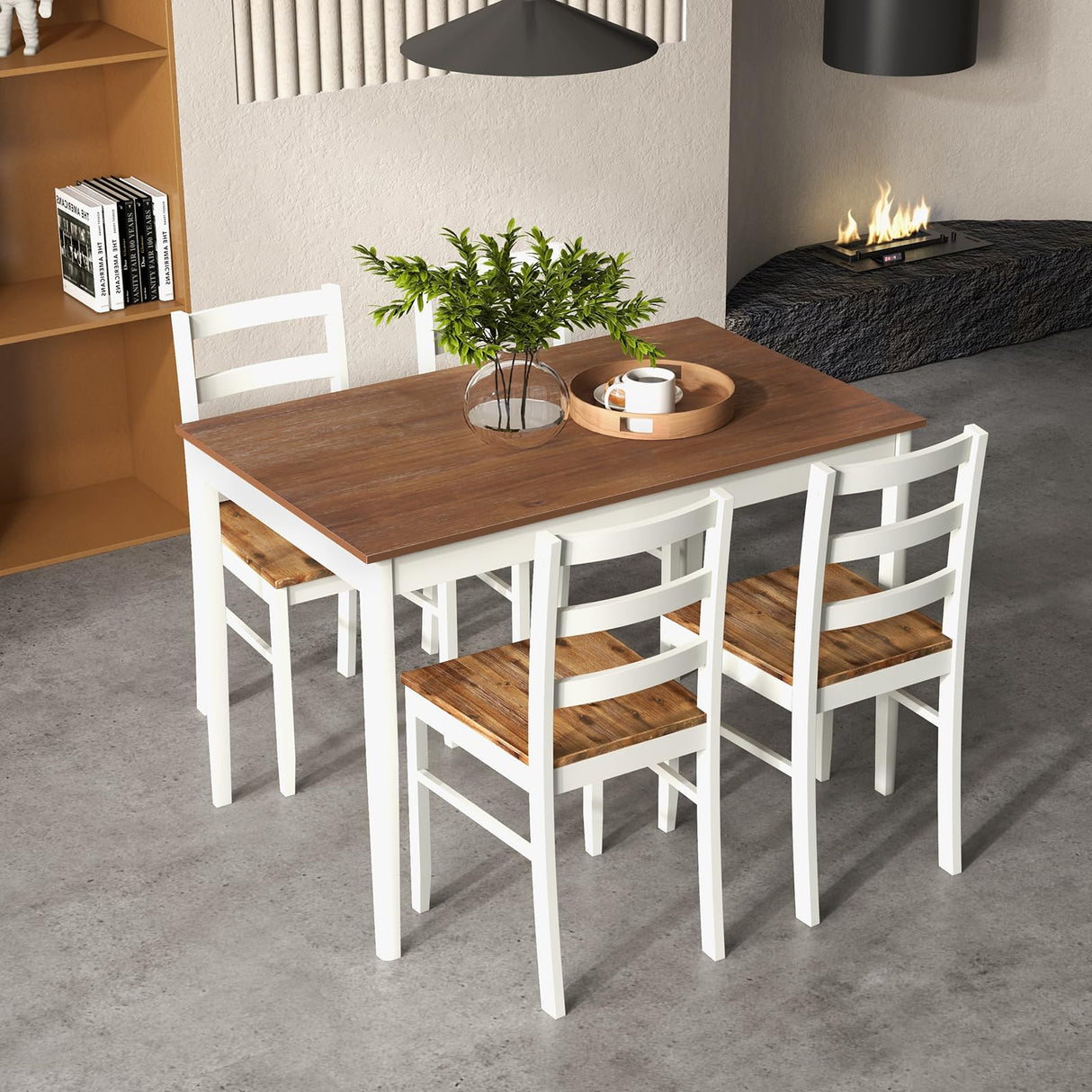Dining Table Set for 4, Wood Kitchen Table Chairs Set with Rubber Wood Legs, Space