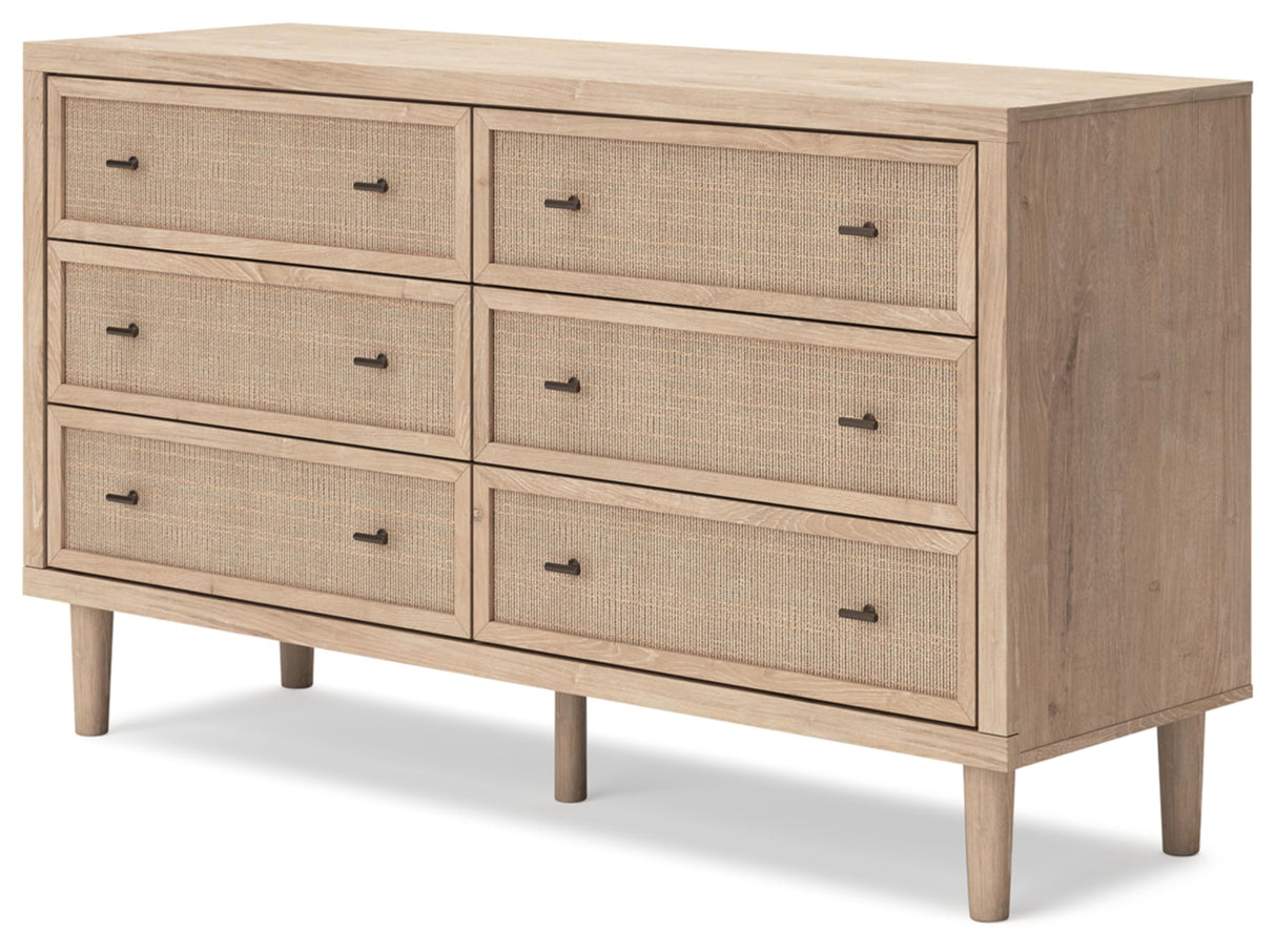 Signature Design by Ashley Cielden Coastal 6-Drawer Dresser with Safety Stop and Textured Cane Details, Light Brown