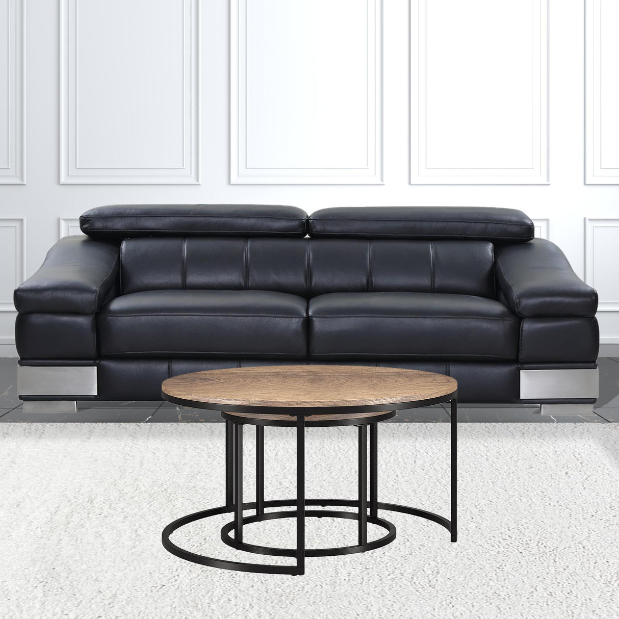 Set of Two 35" Black and Brown Round Nested Coffee Tables