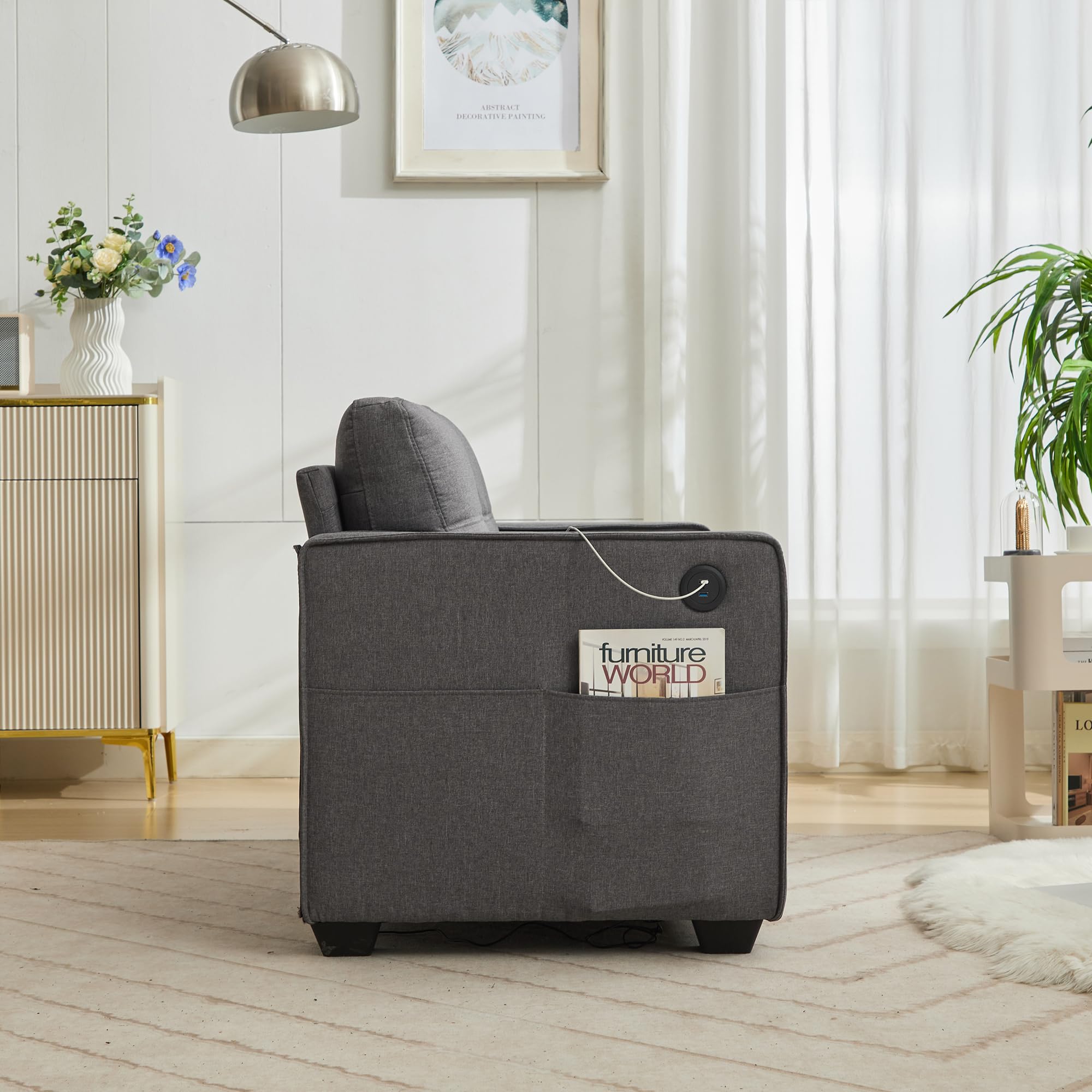 65" W Morden Linen Fabric Sofa Couch w/ 2 USB Charging Ports and Wide Arms