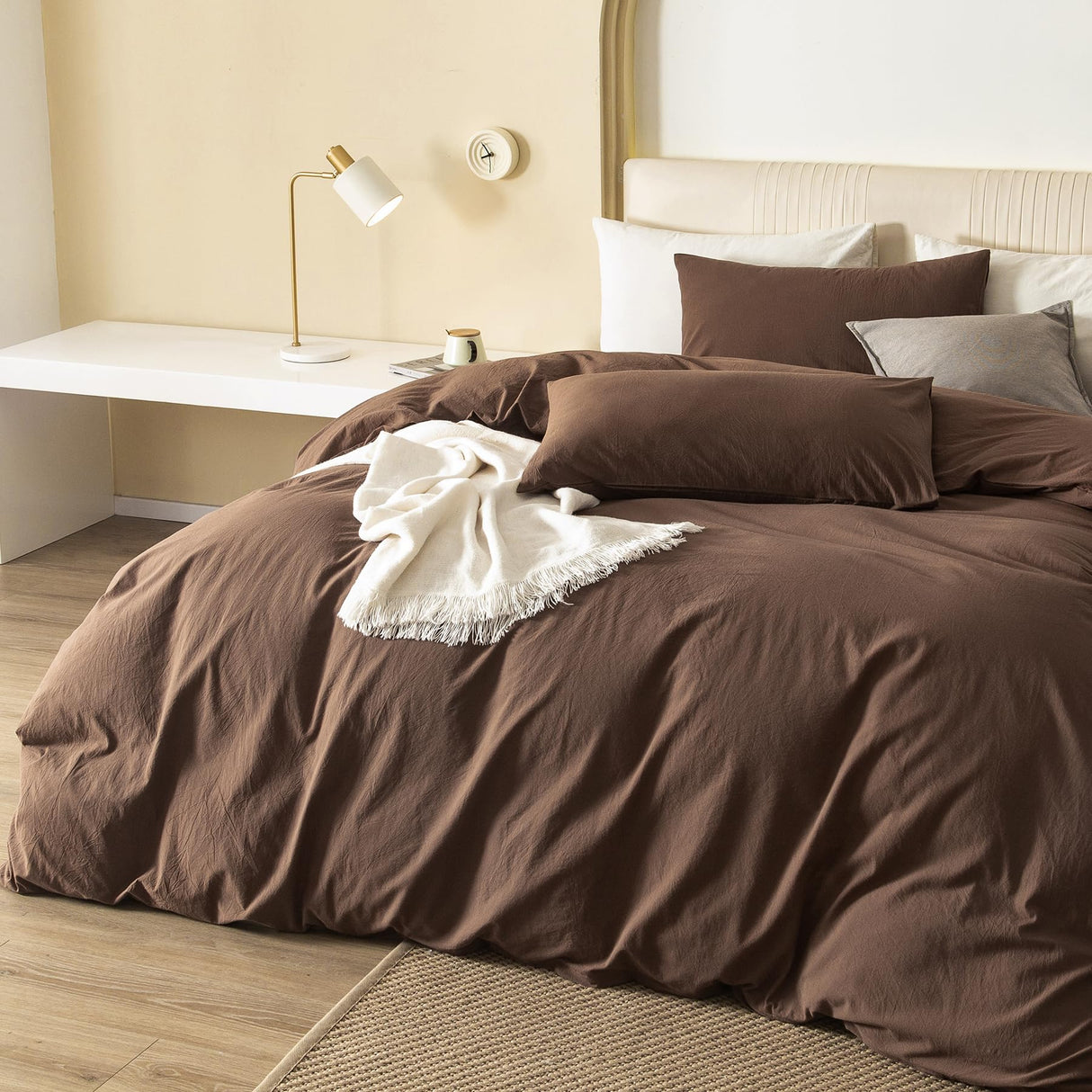 Durable Linen Feel Bedding for All Seasons King, Solid Chocolate Brown