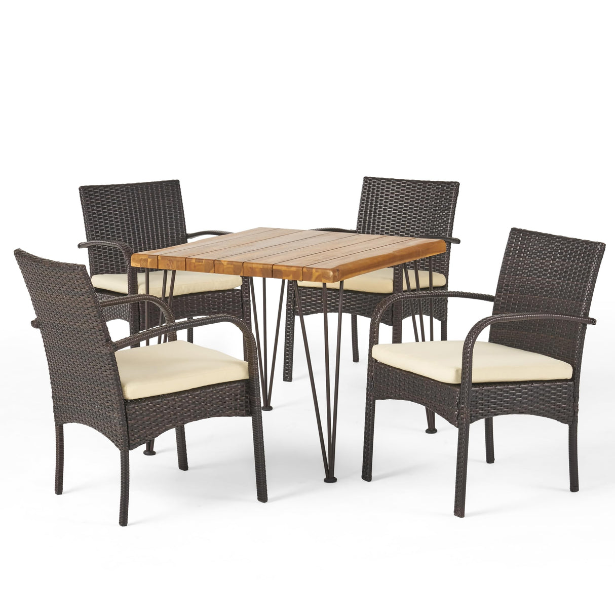 Clayton Outdoor Industrial Acacia Wood and Wicker and Iron 5 Piece Dining Set