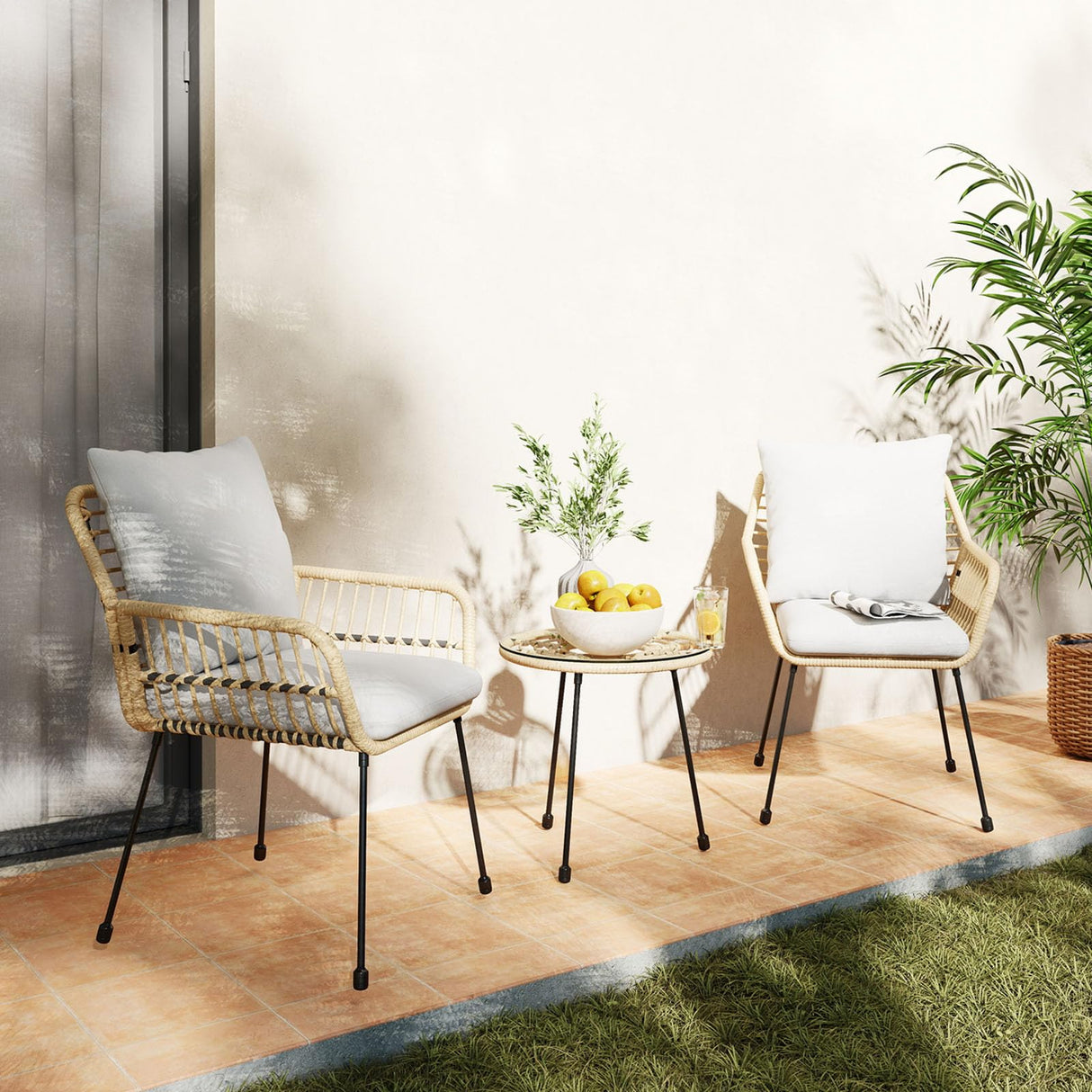 3 Pieces Outdoor Bistro Set, Bistro Set Outdoor with Glass Top Table