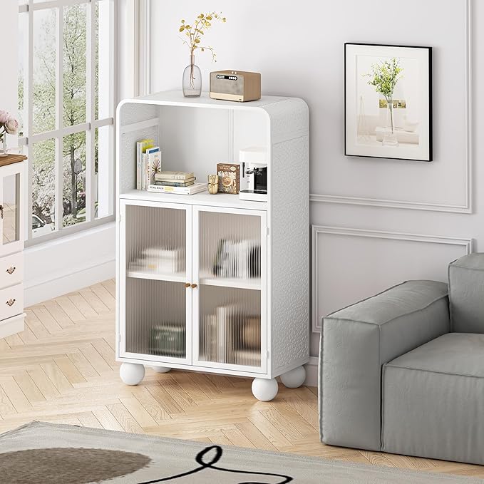 45.28” H Storage Cabinet, Bathroom Floor Cabinet with Glass Door and Shelves