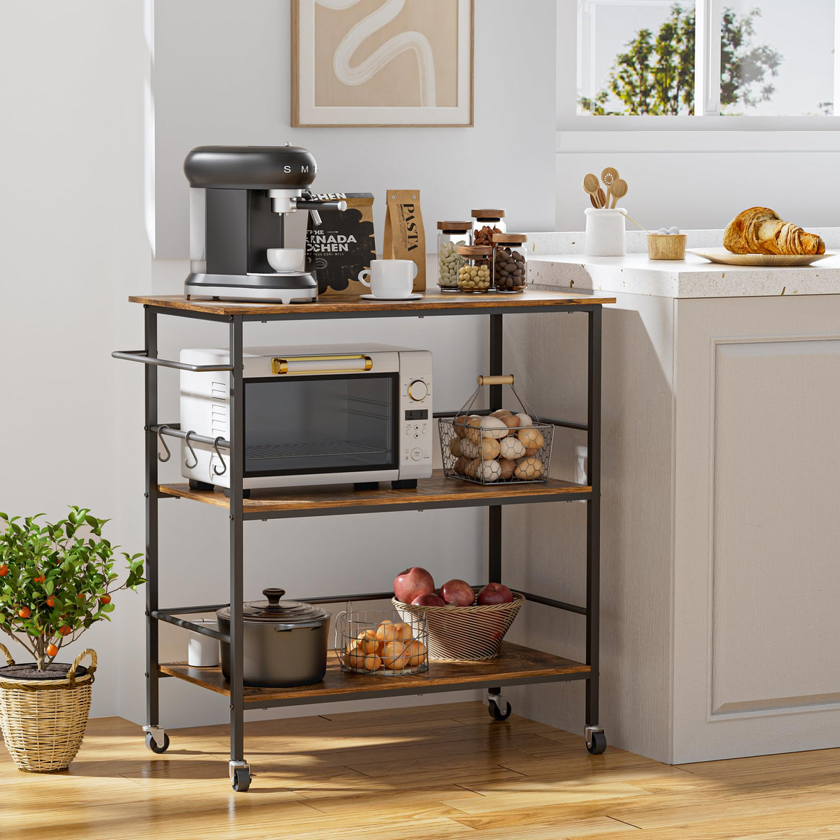 Kitchen Island on Wheels with 3 Shelves, Rolling Utility Trolley Cart