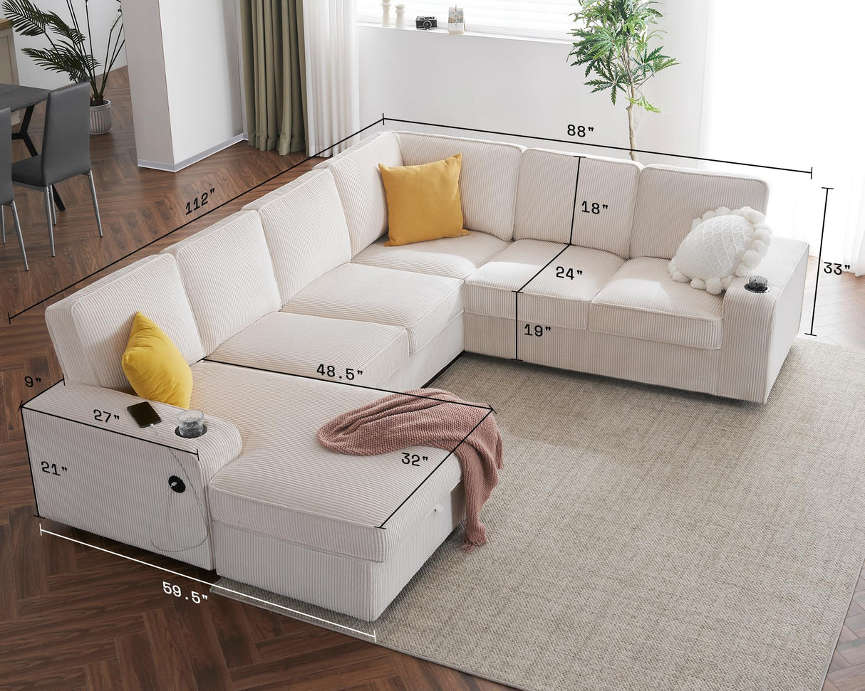 7 Seater Sofa with USB Ports, Sectional Sofa Couch with Storage Chaise
