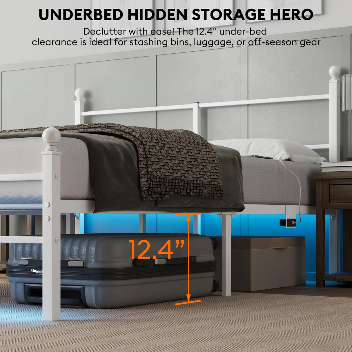 Queen Metal Platform Bed Frame with LED Lights & Charging Station