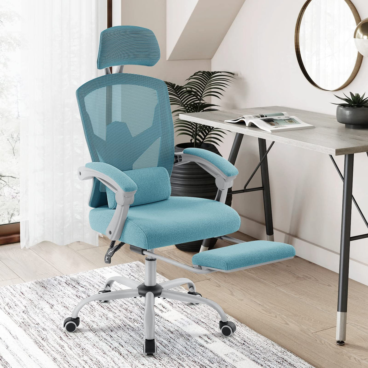 Ergonomic High-Back Mesh Office Chair with Footrest - Blue
