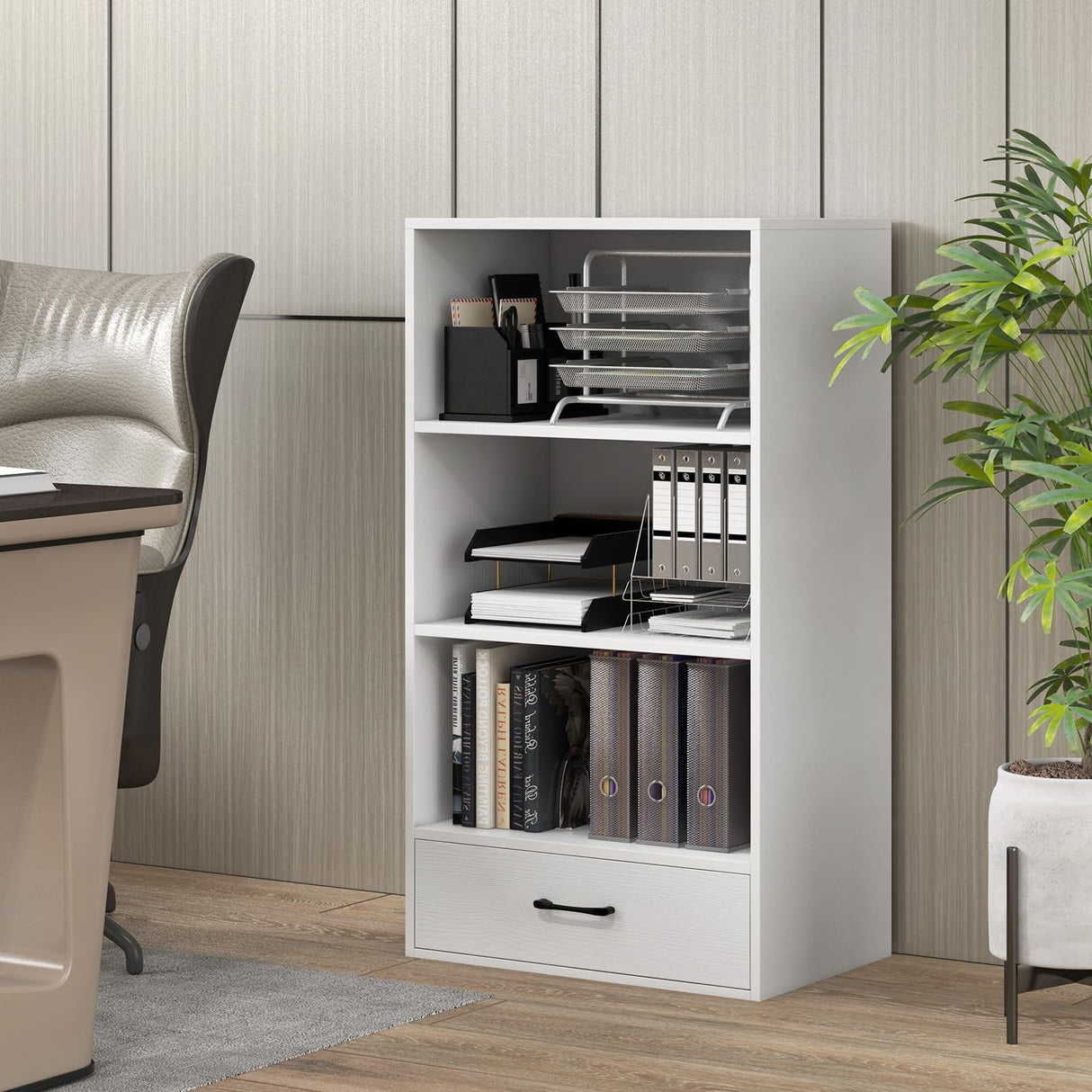 IFANNY 3 Shelf Bookcase with Drawer, Wood Bookshelves and Bookcases, Cube Bookcase Shelf, Small Bookshelf with Storage for Small Spaces, White Book Shelf for Bedroom, Living Room, Home Office