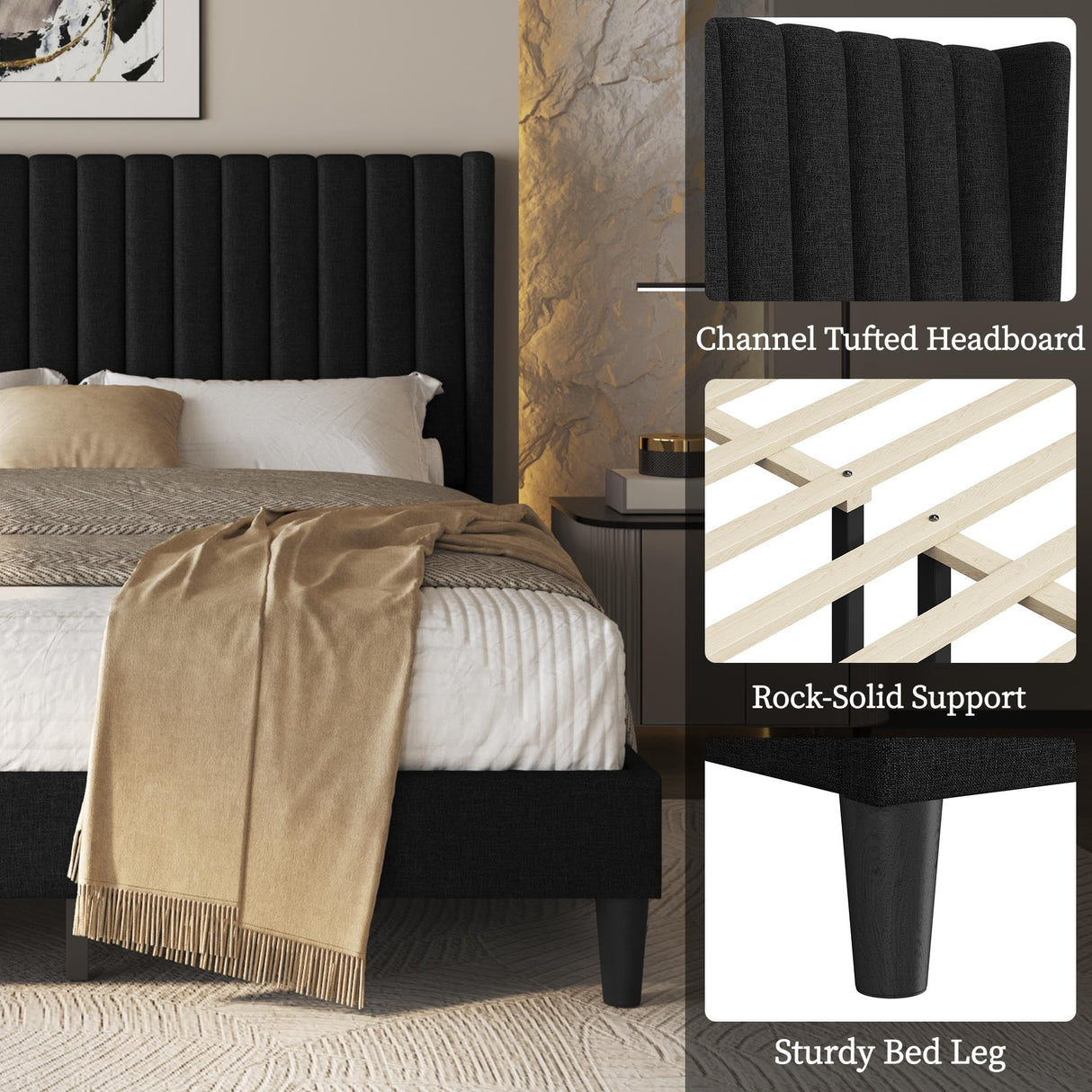 Queen Upholstered Platform Bed Frame with Fabric Headboard - Black