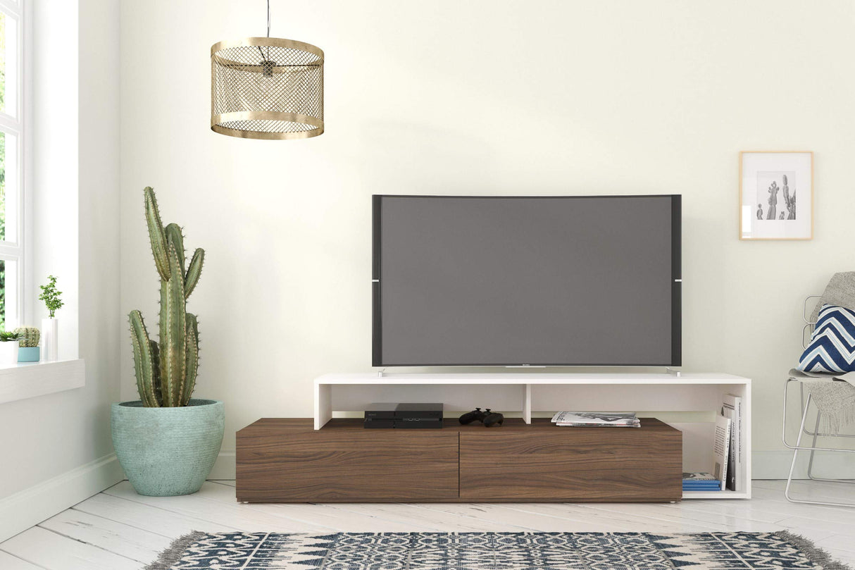 Tonik, Walnut & White 72-inch TV Stand, Walnut Melamine and White Melamine,