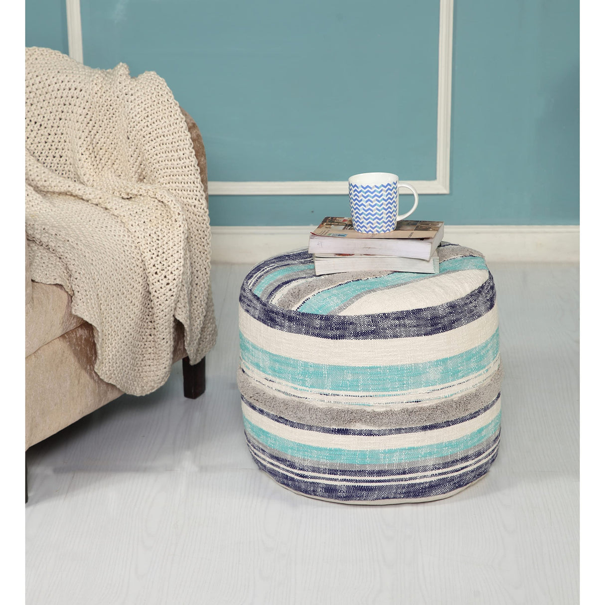 Home Coastal Stripe Pouf, 18"x14", White/Blue