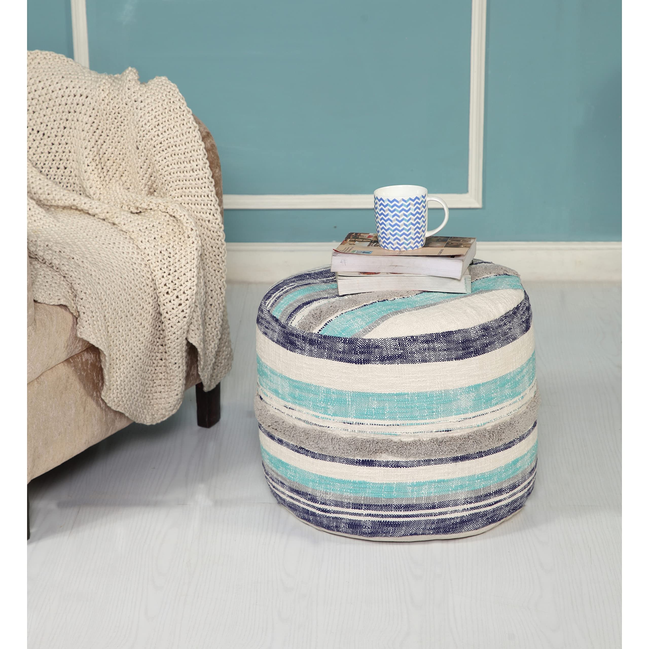 Home Coastal Stripe Pouf, 18"x14", White/Blue