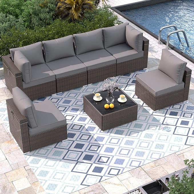 8 Piece Patio Furniture Set with 43" Fire Pit Table, Outdoor Sectional Sofa Set Heavy Duty
