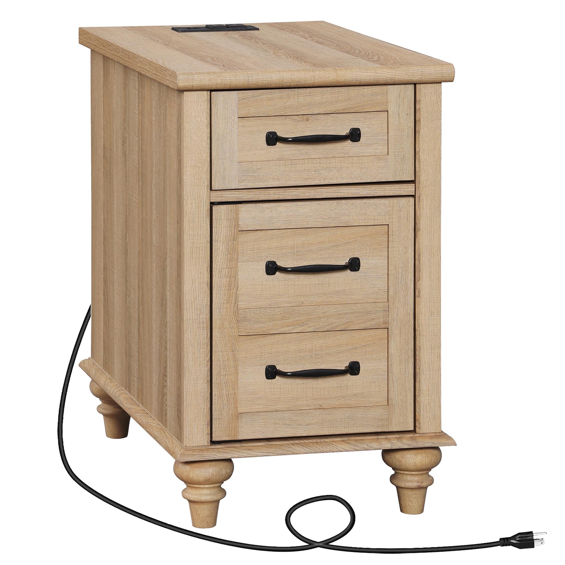 End Table with Charging Station, Wood Side Table with Drawer and Storage Cabinet