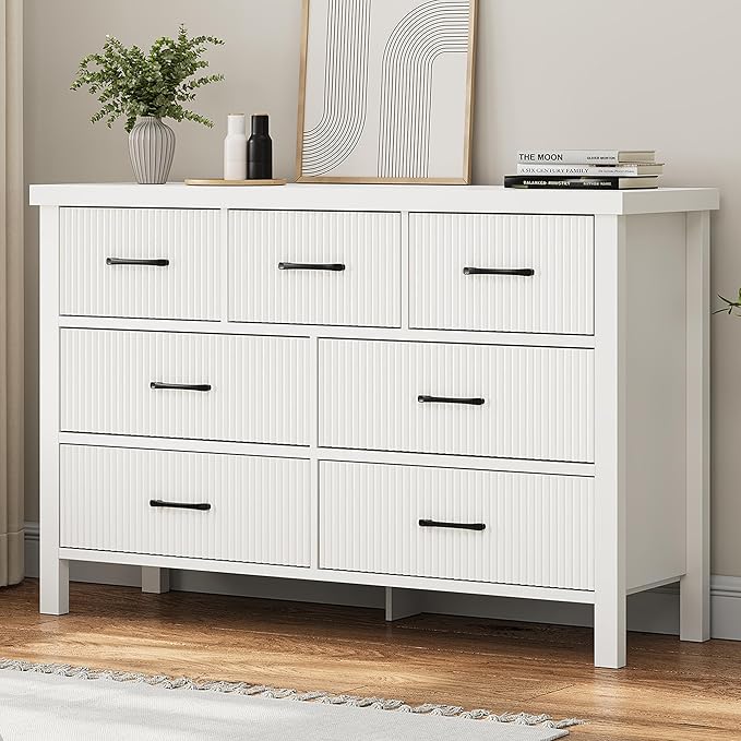 White Dresser 7 Drawer Dresser for Bedroom, Modern Fluted Dresser with Solid Wood
