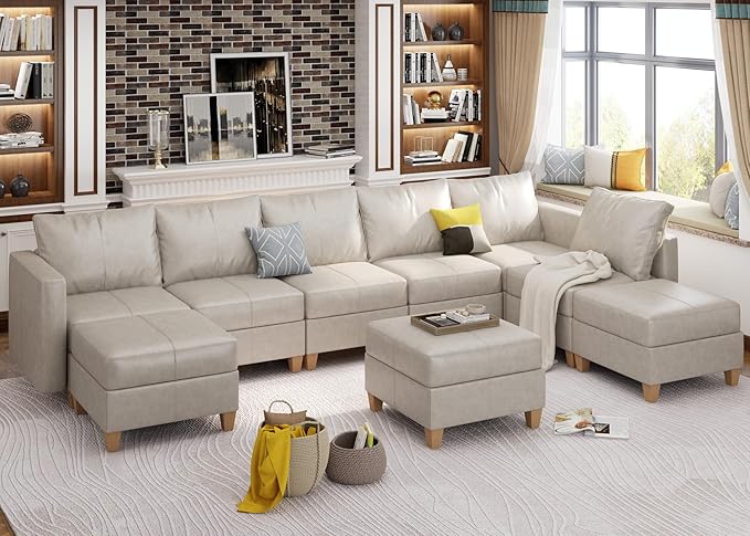 Large Modular Sectional Couch U Shaped Sofa with Storage, Faux Leather Modular Sofa 11 Seat Convertible
