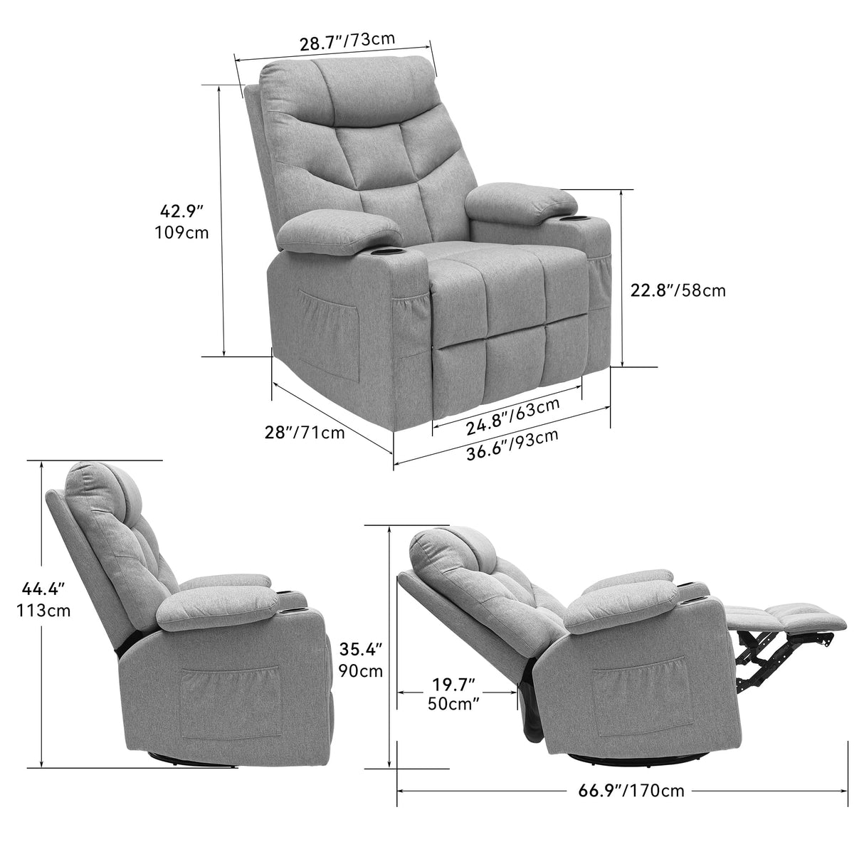 MaxEase Oversized Swivel Power Recliner with Massage, Heat & Storage