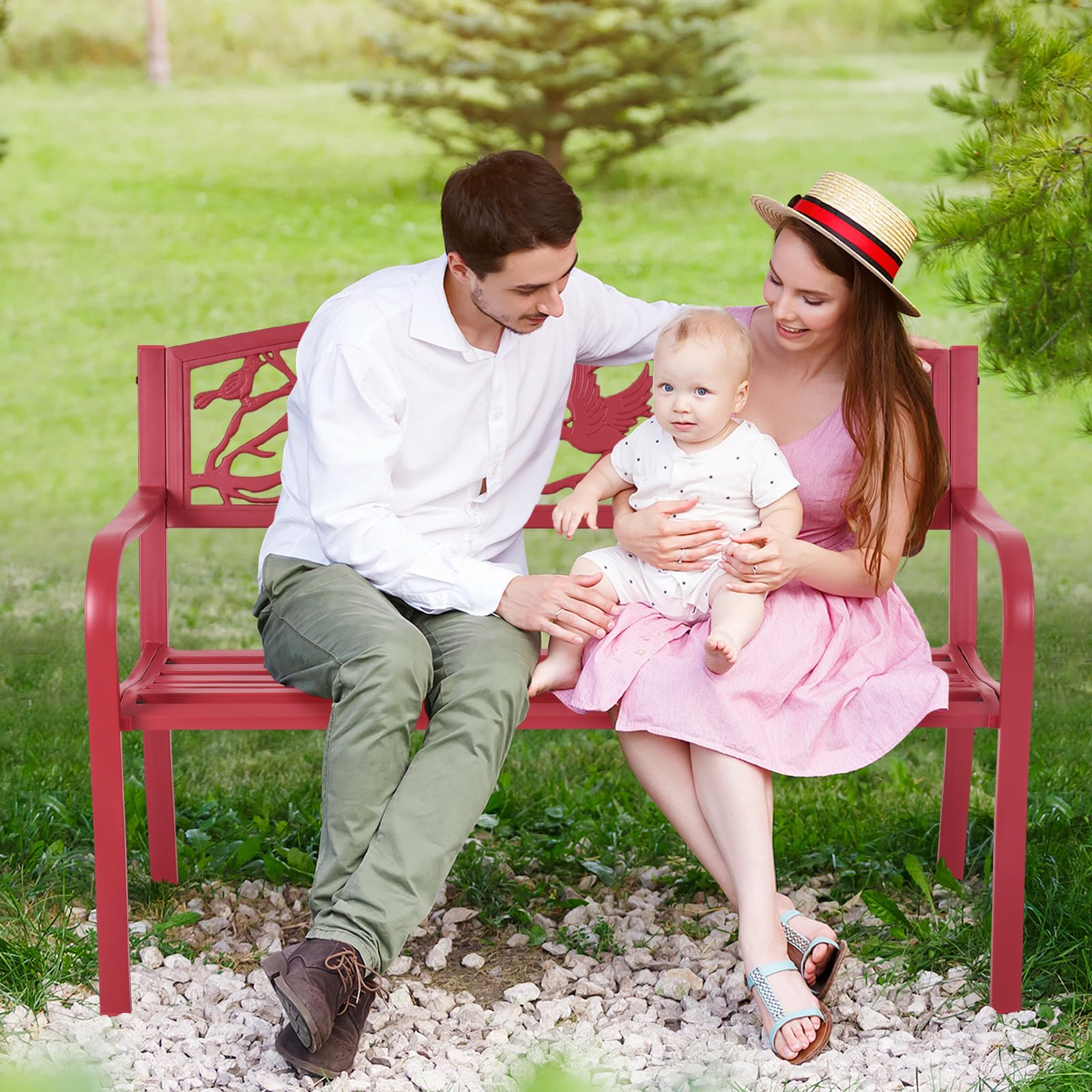 Metal Outdoor Garden Bench Park Bench, Patio Bench with Bird & Twig Cast Iron Back