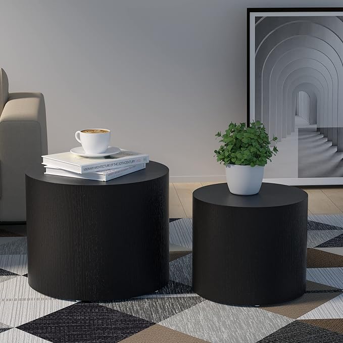 18.89" Nesting Coffee Table Set of 2, Mid Century Modern Round Wood Coffee Tables