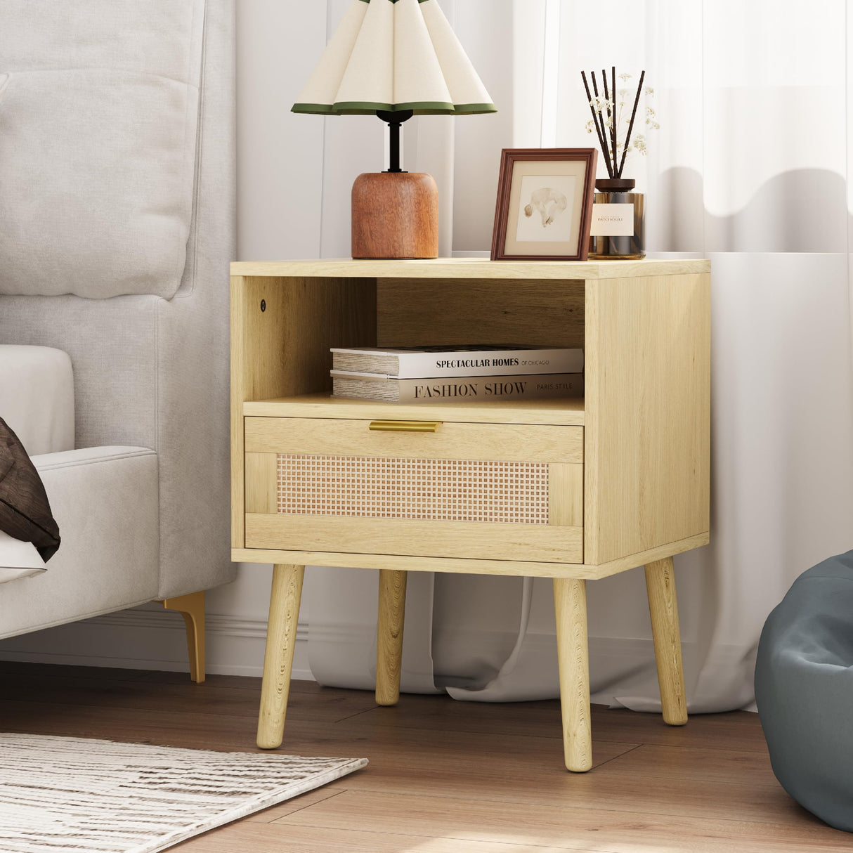 Natural Rattan Nightstand with Drawer, Boho Large Bedside Table with Open Shelf