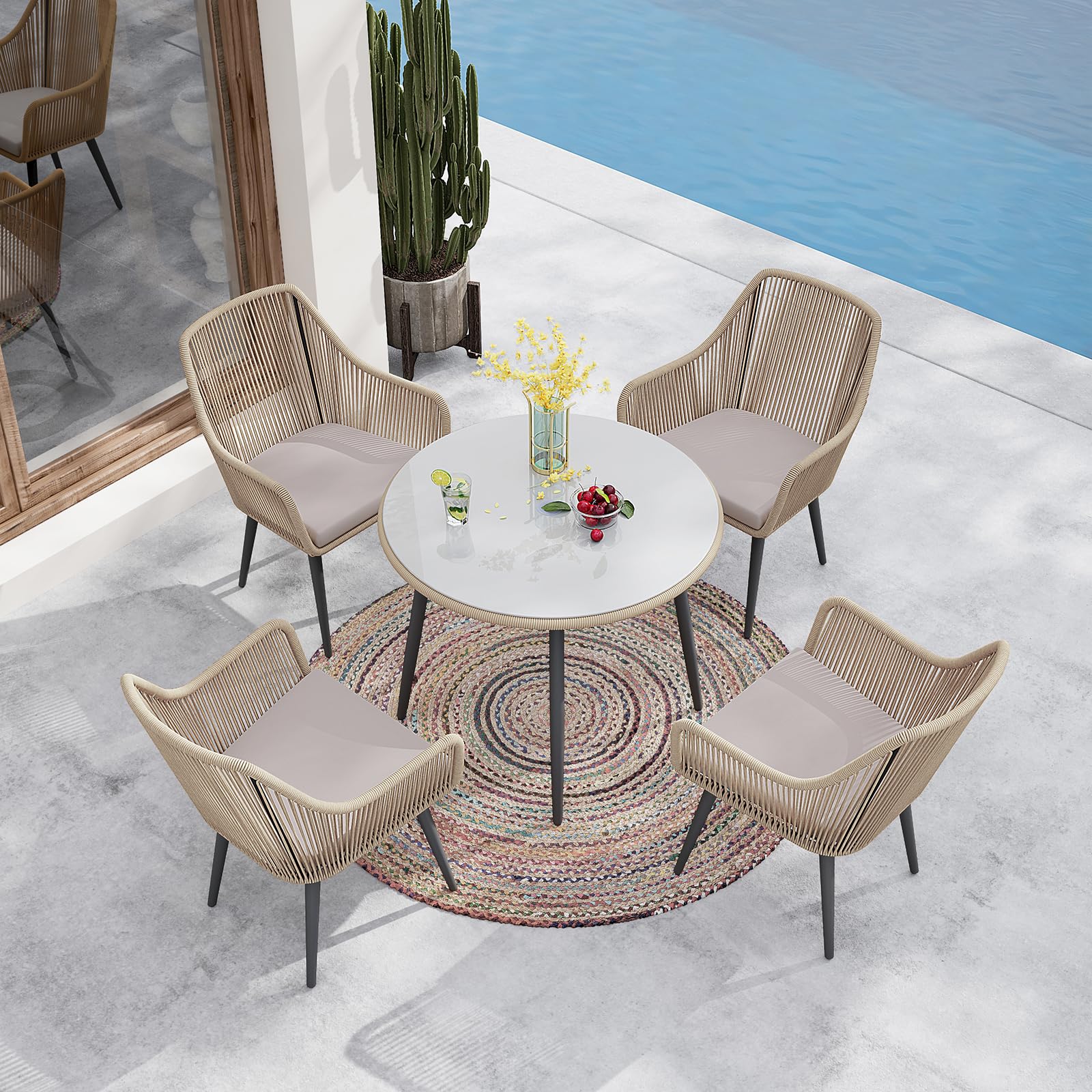 Outdoor Dining Chairs, Patio Dining Chair Set of 2, All-Weather Woven Rope Rattan Chairs