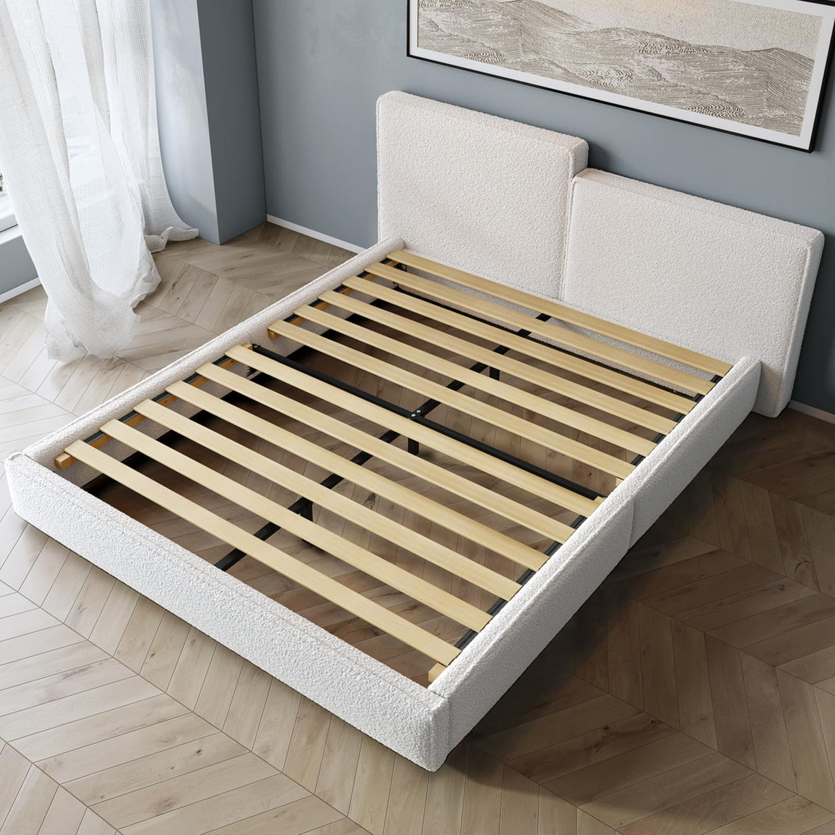 Full Size Velvet Bed Frame,Vertical Channel Tufted Wingback Headboard