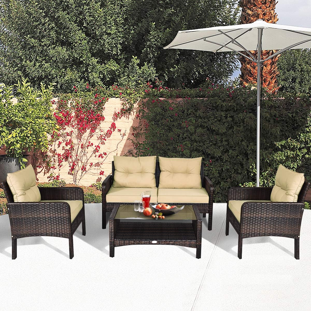 4 Pieces Rattan Patio Conversation Set, Outdoor Wicker Furniture Set with Chairs, Loveseat