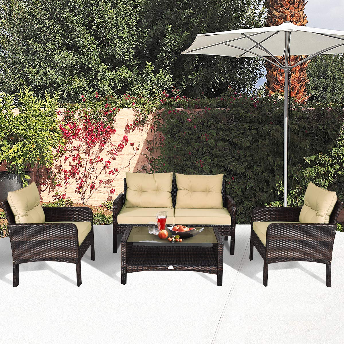 4 Pieces Rattan Patio Conversation Set, Outdoor Wicker Furniture Set with Chairs, Loveseat