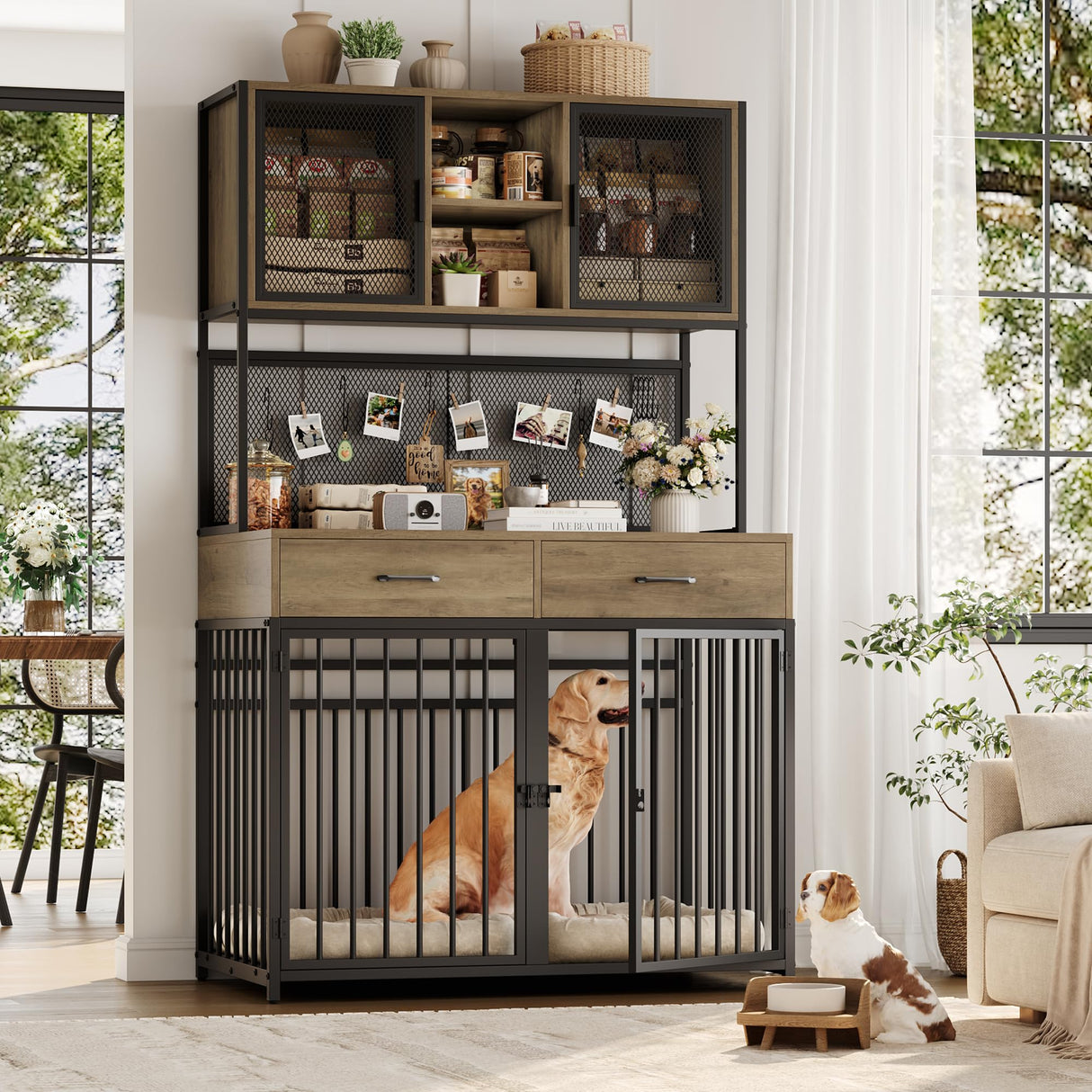 71" Tall Dog Crate Furniture with Storage Hutch - Rustic Brown
