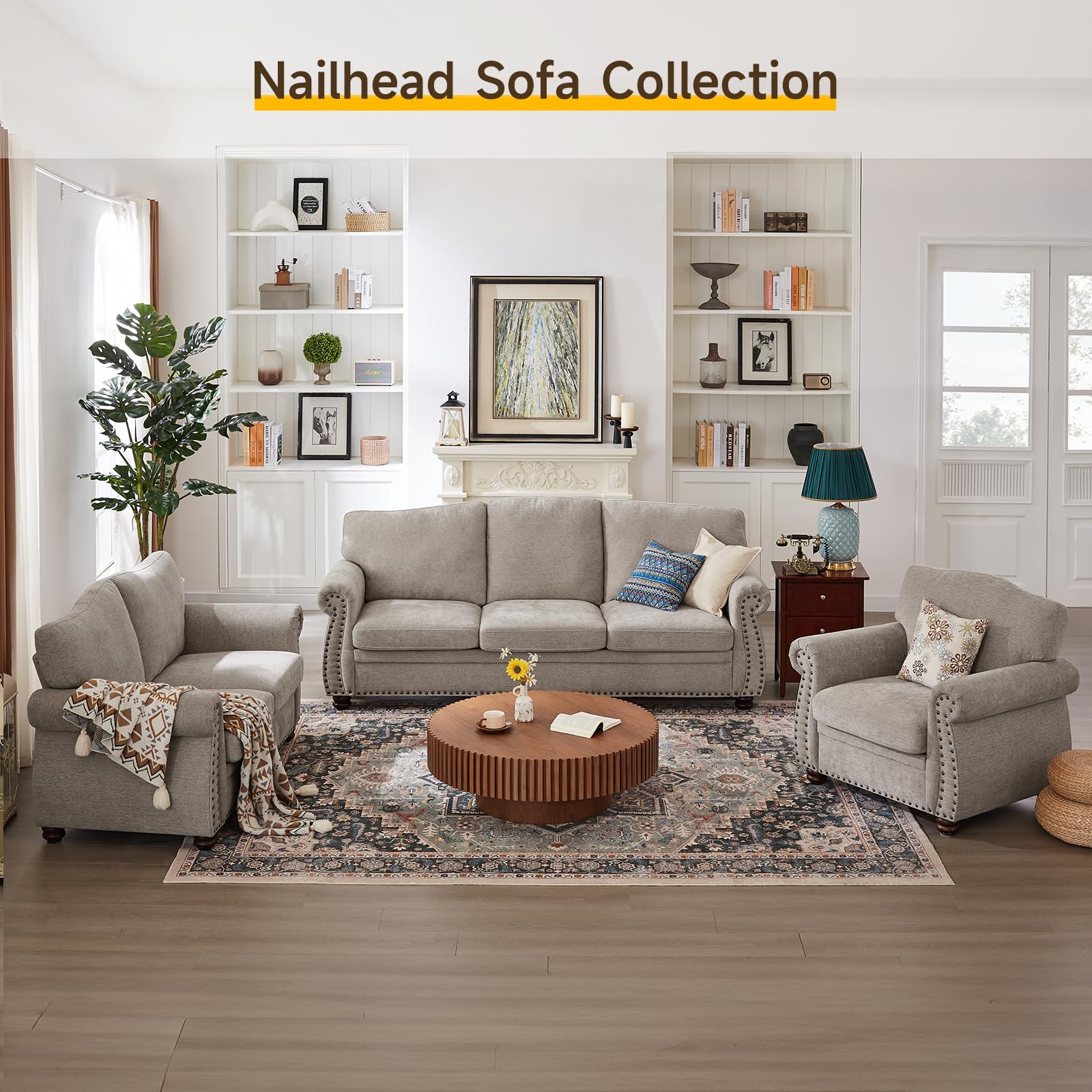 Nailhead Sofa, 66" Small Couch with Rolled Arms, Chenille Fabric Loveseat w/Springs Seat Cushion, Vintage Curved Back, Turned Wood Legs, Comfy Couch for Living Room, Bedroom, Farmhouse, Beige