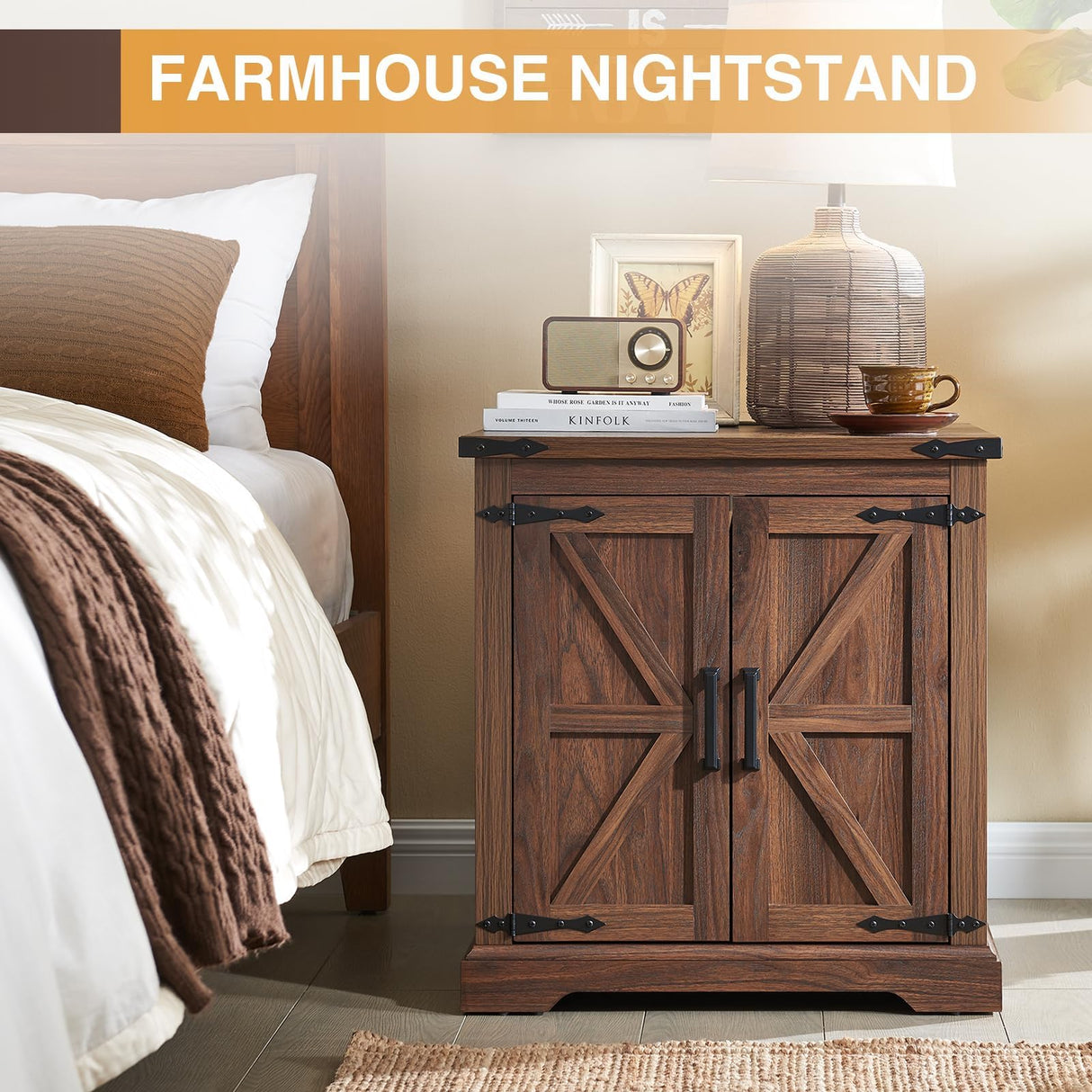 Barnyatoh Farmhouse End Table with Charging Station,24" Large Sofa Side Table with Barn Door, Rustic Wood Square Nightstand Bedside Table with Adjustable Storage Shelf for Living Room, Bedroom,Walnut