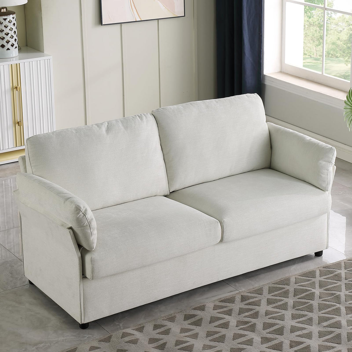 70" White Chenille Loveseat Sofa with Armrests and Pillow