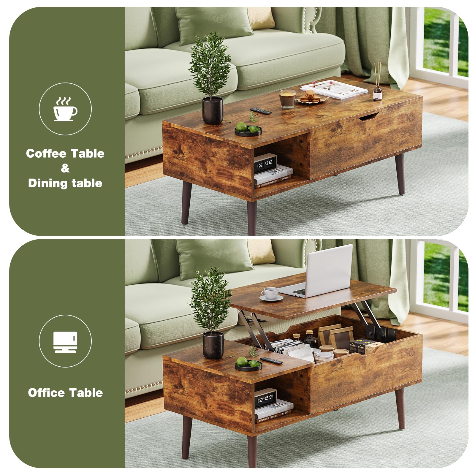 OLIXIS Wood Lift Top Coffee Table with Hidden Compartment and Large Storage Shelf, Lift Tabletop Dining Center Table for Home Living Room Office, Natural Wood