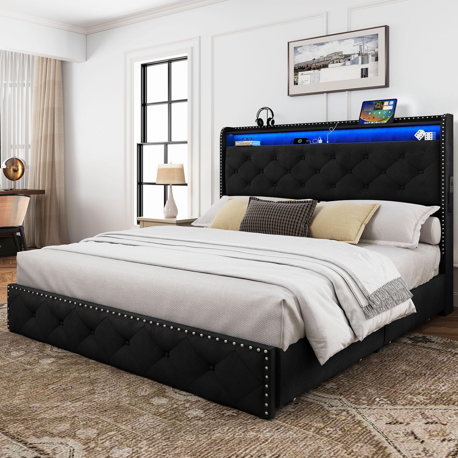 LARMACE Queen Size Bed Frame with LED Lights & USB Charging Station, Velvet Upholstered Platform Bed with Storage Headboard and 4 Drawers, Noise Free, Easy Assembly, Black