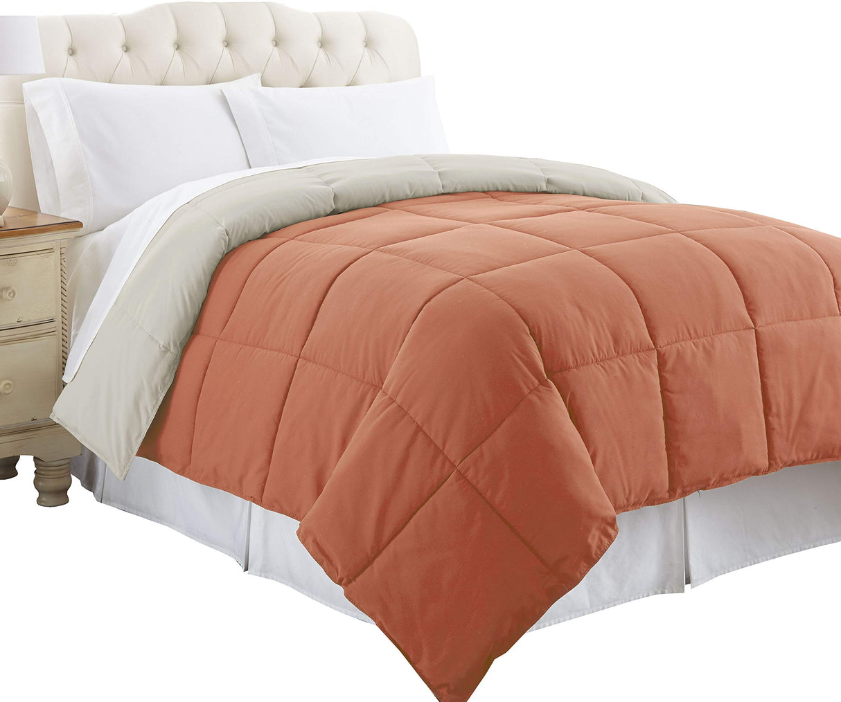Genoa Queen Size Box Quilted Reversible Comforter, Orange and Gray
