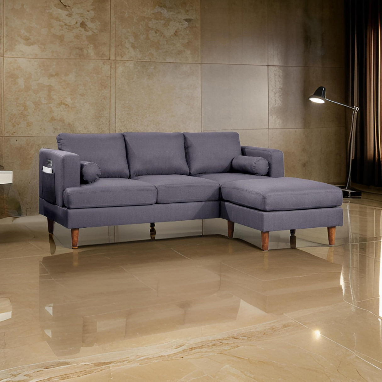 84 Inch Plush Sofa with Reversible Chaise Ottoman, USB, Dark