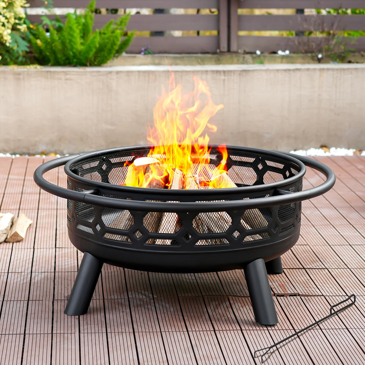 36 Inch Fire Pit, Outdoor Wood Burning Firepit with Removable Grill & Poker