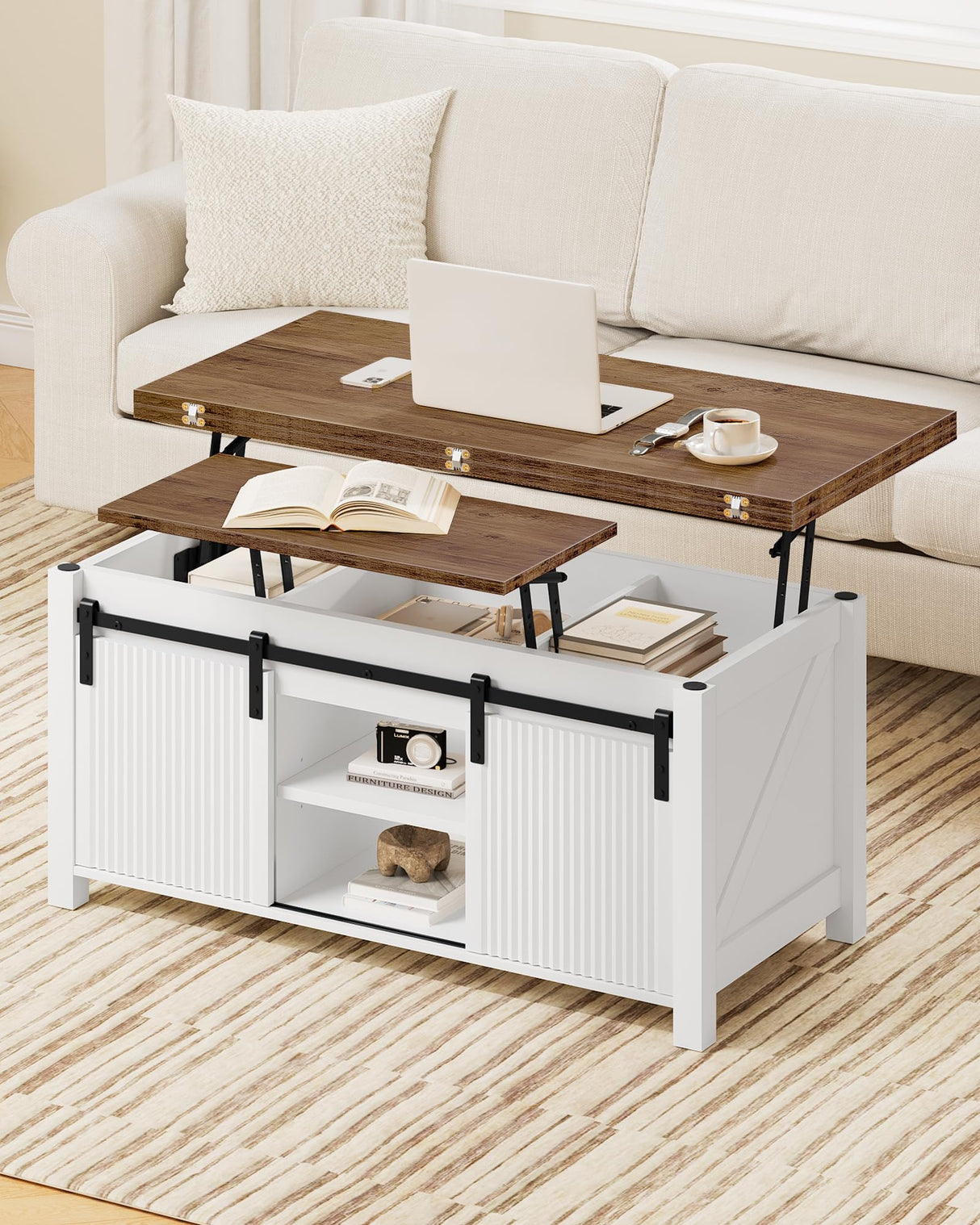 39.4" Lift Top Coffee Table, 4 in 1 Coffee Table, Farmhouse Convertible Coffee Tables