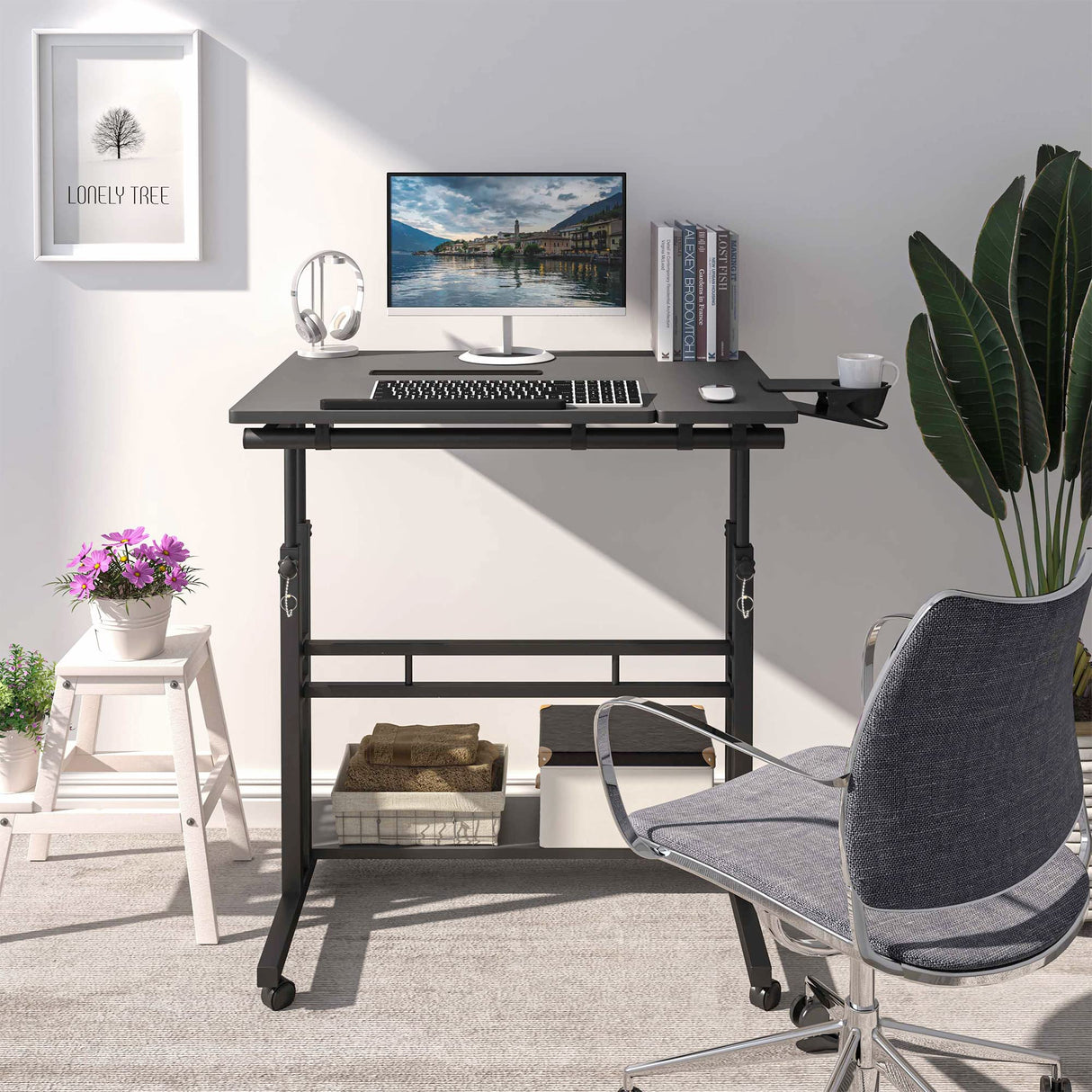 Mobile Standing Desk, Adjustable Rolling Computer Desk with 3 Desktops